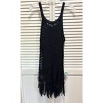 Black Crochet Top Sleeveless Size Medium Open Knit Fringe Linen Cover Photo 3