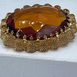 Vintage huge W.Germany facetted amber colored glass brooch. Gold Photo 1