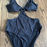 Aerie  Womens Black Ribbed Cut Out Ring One Piece Monokini Swim Suit Size Large Photo 0