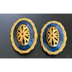 Vtg Avon 1980's Clip On Earrings Navy Blue Enamel Cut Out Oval‎ Satin Gold Tone Photo 3