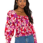 Free People  Red Pink Floral Ariana Smocked Puff Sleeve Long Sleeve Blouse Medium Photo 0