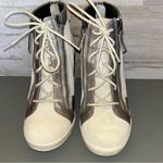 Saks 5th Avenue Gray for Saks Fifth Avenue Suede Leather Metallic Lace Up Wedge Booties sz 6.5 Photo 6