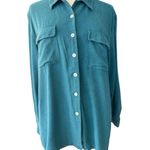 Vtg Y2K Park Central Brushed Silk Button Up Roll Tab Teal Top Size XXL Safari Blue Photo 0