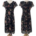 Vintage 90s Floral Print Midi Dress Crepe Empire Tie Waist V Neck Black Pink M Size M Photo 2
