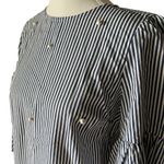 ZARA ‎ Navy and White Striped Blouse Poplin Bell Sleeves Pearl Accent 3/4 Sleeves Photo 2