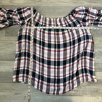 Crown & Ivy  Pink Blue Plaid 3/4 Sleeve Top On Or Off Shoulder J45 Photo 2