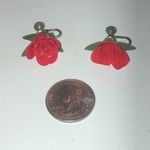 Vintage Red & Green Plastic 3D Flower Boho Screw Back Earrings Photo 5