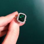 Solitaire Square Emerald Cut Ring,  White Zircon Stone Halo Ring Green Gemstone Photo 1