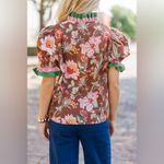 Entro  ruffle blouse floral puff short sleeve neck mock pink thanksgiving top Photo 3