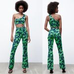 ZARA Jacquard Top One Shoulder Crop Tank Navy Blue Green 5039/687 Floral Small Photo 5