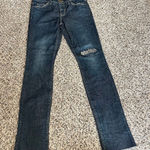 Current/Elliott Current/Elliot Distressed Dark Blue Denim Jeans‎ with Knee Rip Straight Leg Photo 0