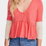 Free People We the Free 3/4 Top Heart of Mine Cotton Flounce-Hem Colorblock Red Photo 0