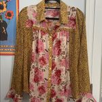 Pistol Rose Floral and Leopard Print Women's Button Up Long Sleeve Blouse Pink Size M Photo 10