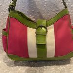 Liz Claiborne vintage Leather& Polyester Striped Purse Pink Green Beige Photo 1