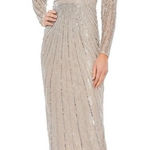 Mac Duggal  93676 Beaded Lace V-Neck Midi Dress Taupe Silver 6 Photo 0