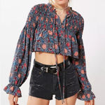 Ghospell Raindrop Floral Balloon Sleeve Smocked Crop Blouse Small Long Sleeve Gray Photo 0