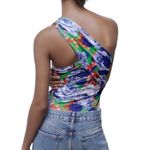 ZARA NEW  Blue Green Floral Asymmetrical One Shoulder Bloggers Fave Bodysuit Sz M Photo 2
