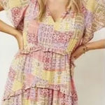 Anthropologie  Robin Patchwork Floral Tiered Ruffle Babydoll Swing Mini Dress L‎ Photo 0