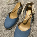 J.Crew Blue Tan Cream Knit Woven Espadrille Platform Wedge Sandals Heels Photo 1