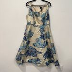 Adrianna Papell  Blue Floral Gold Metallic Square Neck Midi Dress 14 Photo 2
