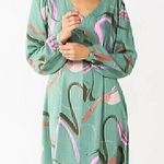 Nine West Knot Back Long Sleeve Dress Green Geometric Swirl Tie Bow Short Mini L Photo 0