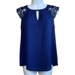 EXPRESS  Navy Crochet Flutter Sleeve Top O'Ring Tie‎ Open  Back NWOT  Small Photo 1