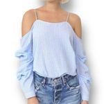 After Market S Blue White Cold Shoulder Striped Peasant Cottagecore Blouse NWT Photo 0