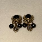 Liz Claiborne  Clip On Earrings w Beaded Dangles Black & Gold Tone Photo 1
