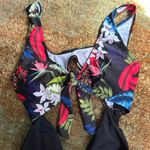 Black floral one piece swimsuit with tie front and high cut bottoms Size L Photo 2