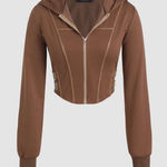 Cider NWOT  Terry Long Sleeve Zipper Crop Hoodie in Espresso Brown Photo 0