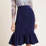 Maeve Anthropologie  Nell Flounced Midi Skirt Navy Blue Size Small Velvet Stretch Photo 0
