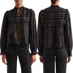 Farm Rio  Metallic Stripe Ruffle Shirt Blouse Women's Small Black Top Boho NWOT Photo 1