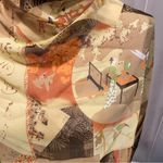 Beautiful vintage sheer silky Asian life theme earth tones scarf 27” x 27” Green Photo 9