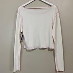 BP . Women’s Waffle Knit Boat Neck Crop Long Sleeve Tee White w/ Pink Trim NWT Photo 4