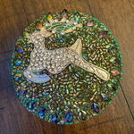 Round Bedazzled Jeweled Green Beaded Tin Trinket‎ Jewelry Ring Box Deer i Photo 0