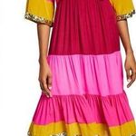 Figue Silk Crepe Pink Colorblock Gold Sequin Trim Midi Dress Bohemian | S Photo 1