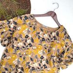 Elena Baldi Womens Shirt Blouse Tan Blue Floral Boxy Short Flare Sleeve Large Photo 1