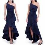 Eliza J One-Shoulder Side-Tuck Ruffle Hem Scuba Gown Navy Size US 2 Photo 13