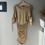 Atlein Dress Beige Ruched Long Sleeve Off Shoulder Designer Midi Dress Size 40 Tan Photo 2