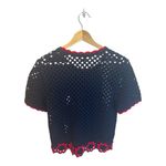 27 Miles Malibu Michele Short Sleeve Knit Top Crochet Flower Hem Small Navy Blue Photo 2