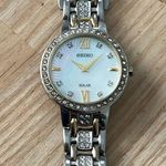 Seiko Solar Ladies Watch Crystal Embellishments Pearl Dial Two-Tone Bracelet Photo 4