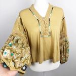 Free People New  Embroidered Floral Wide Bubble Sleeve Bohemian Top Photo 7