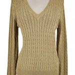 Ralph Lauren Lauren  Gold Metallic Silk Blend V-Neck Cable-knit Sweater Size L Photo 0