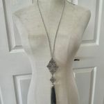White House | Black Market Long Silvertone Pendant Necklace with Gray Stones & Tas Photo 0