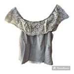 Blue Rain  Eyelet Blue Stripe Floral Coquette Off the Shoulder Shirt Photo 6