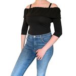 Buckle Small Black Off Shoulder 3/4 quarter sleeve ruffle neckline bodysuit Photo 2