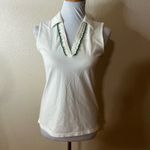 Tory Burch  Womens Small White Green Sleeveless Polo Shirt Ruffle Pique Collared Photo 1