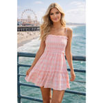 Pink Lily  Smocked Gingham Mini Dress Cotton Gauze L Cottagecore Coquette Photo 1