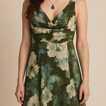 Vtg Y2K R&K Originals Babydoll Midi Dress 10 Cottage Floral Satin Ruched Flowy Green Photo 0