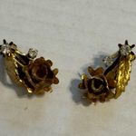Vintage Rhinestone Hand Painted Rose Flowers Gold Tone Austria Clip On Earrings Photo 0